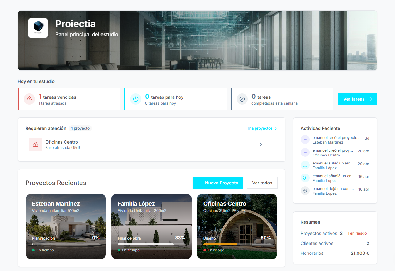 Dashboard real de Origo IA con proyectos, tareas y resumen del estudio