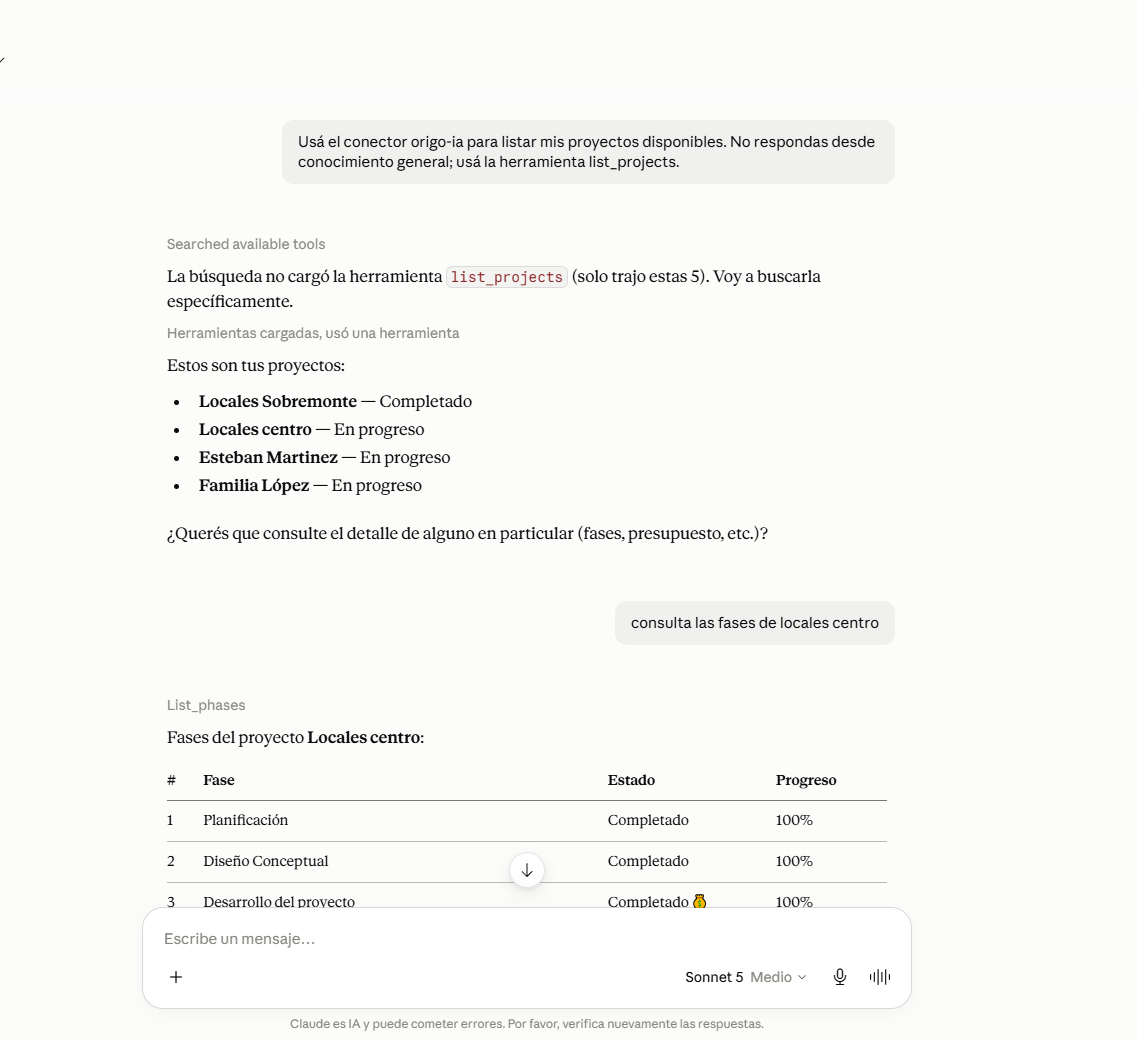 Ejemplo de Claude conectado a Origo IA mediante MCP, consultando proyectos, fases y avances con contexto real del estudio